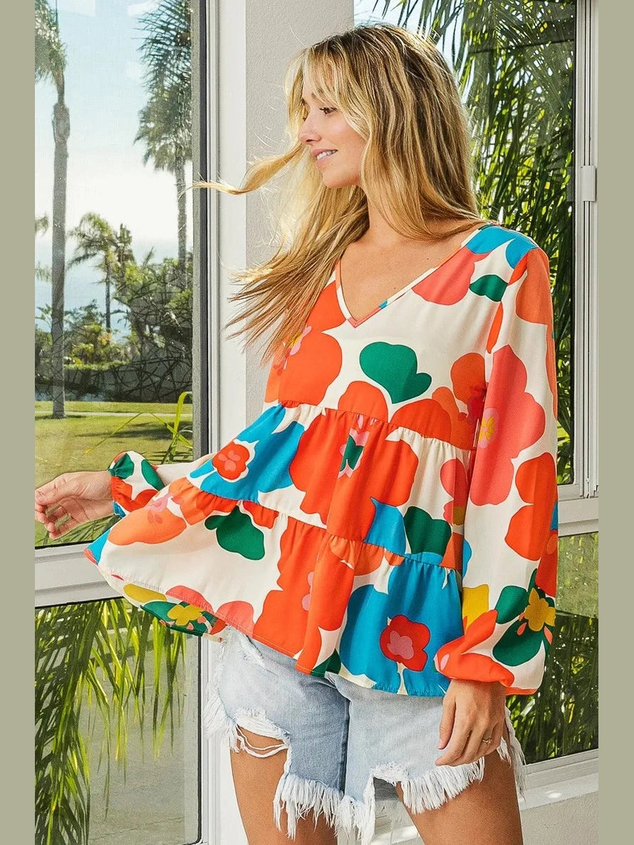 BiBi Floral Woven Tiered V Neck Top