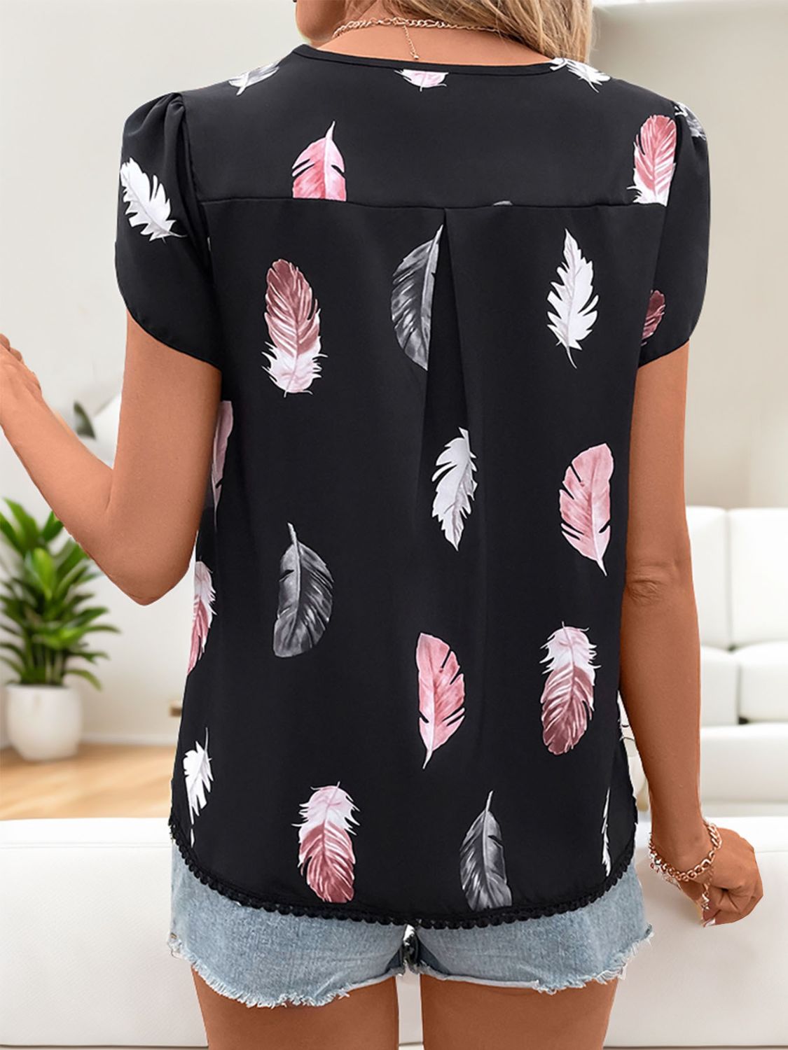 Printed V-Neck Short Sleeve Blouse nicholesgifts