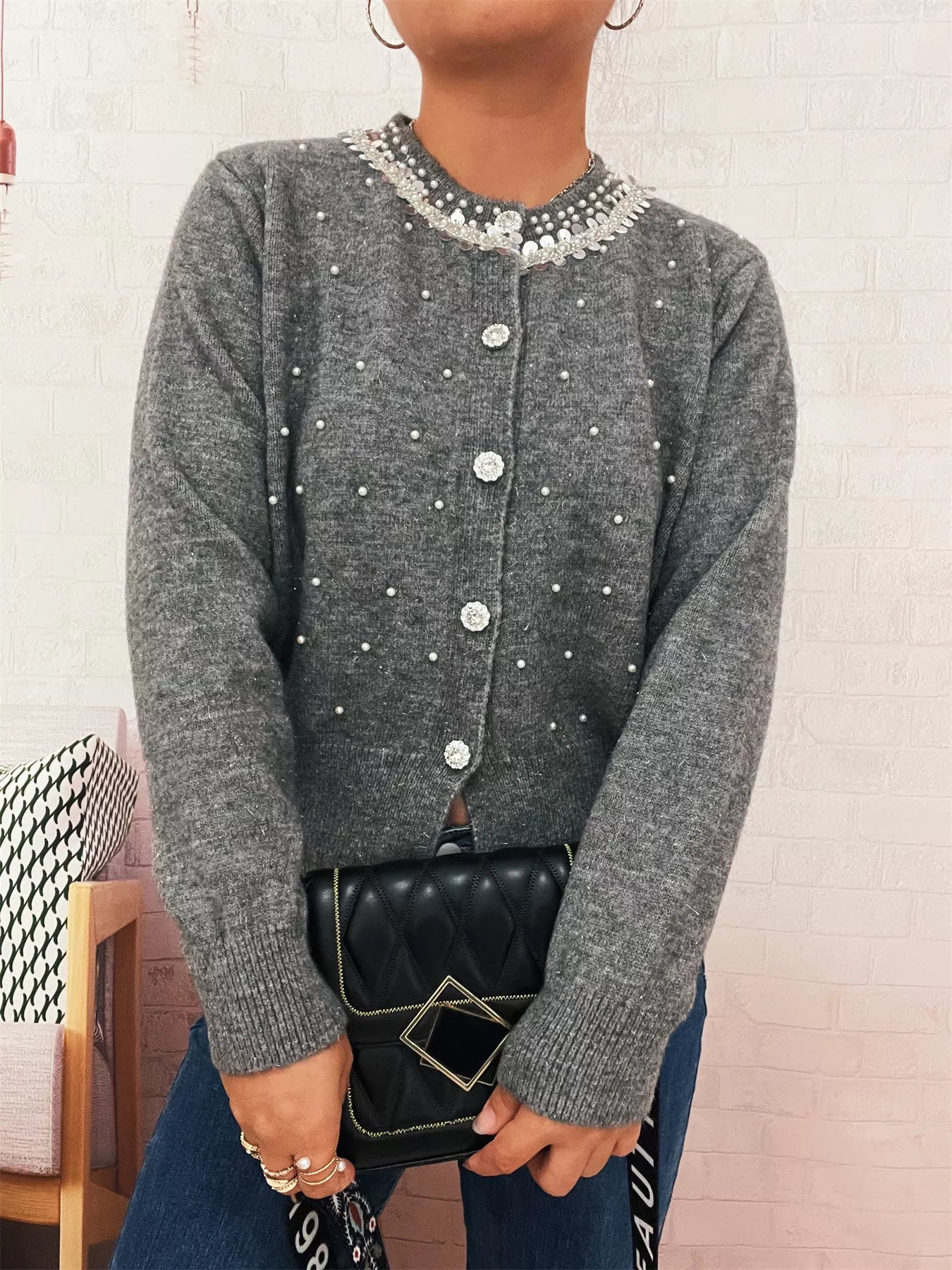 Pearl Detail Button-Front Cardigan NicholesGifts