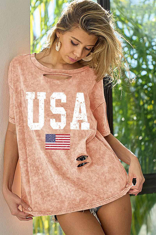 BiBi Women Washed American Flag Graphic Distressed Dust Pink Colored Short Sleeve T-Shirt - NicholesGifts.online