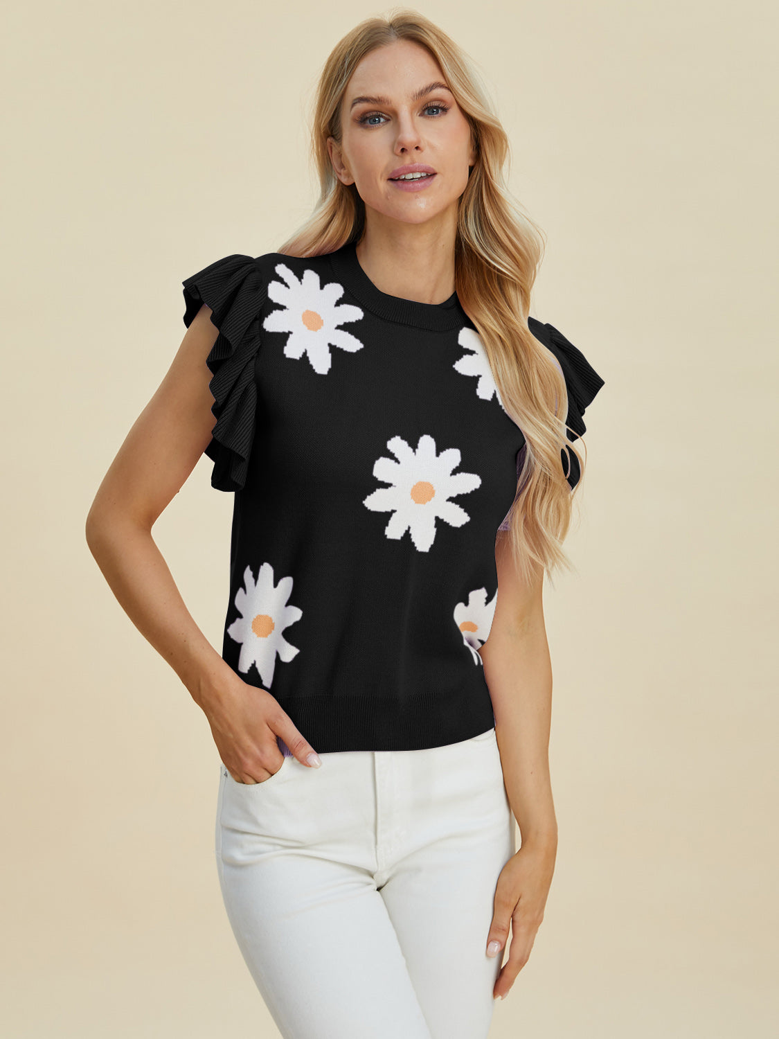 Women Double Take Full Size Ruffled Flower Round Neck Cap Sleeve Black Top NicholesGifts