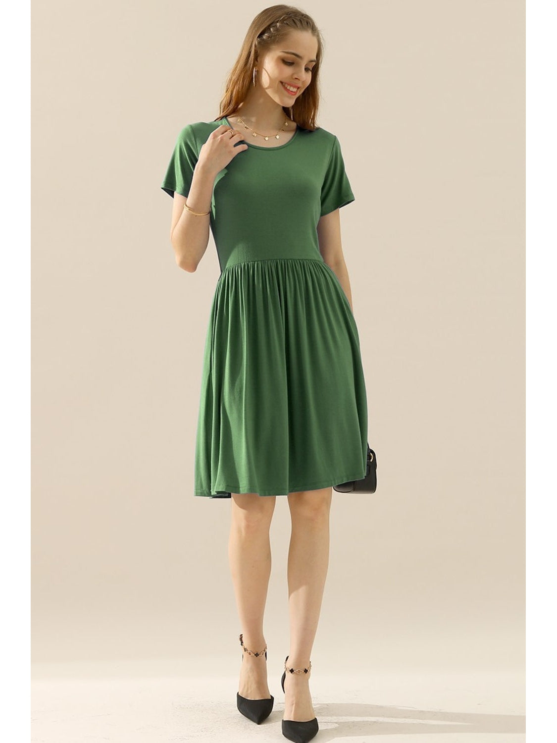 Ninexis Full Size Round Neck Ruched Dress with Pockets nicholesgifts