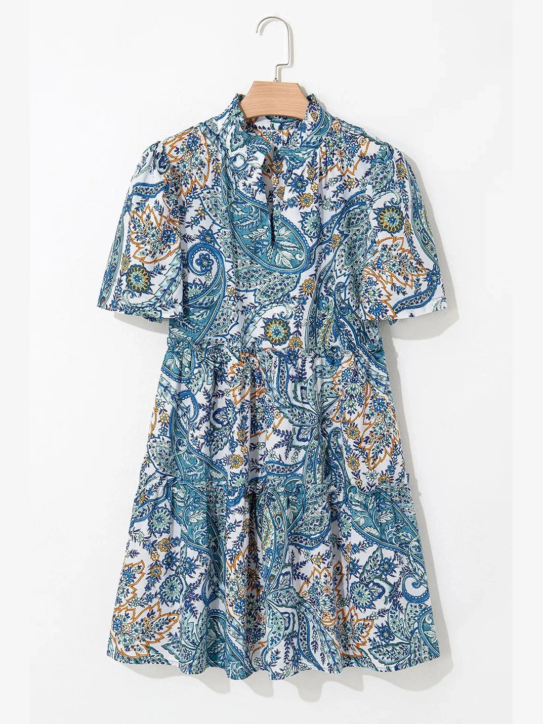 Paisley Floral V Neck Short Sleeve Mini Dress NicholesGifts