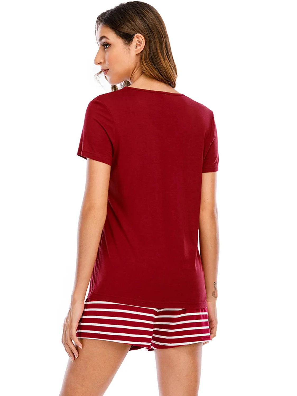 Graphic Round Neck Top and Striped Shorts Lounge Set nicholesgifts
