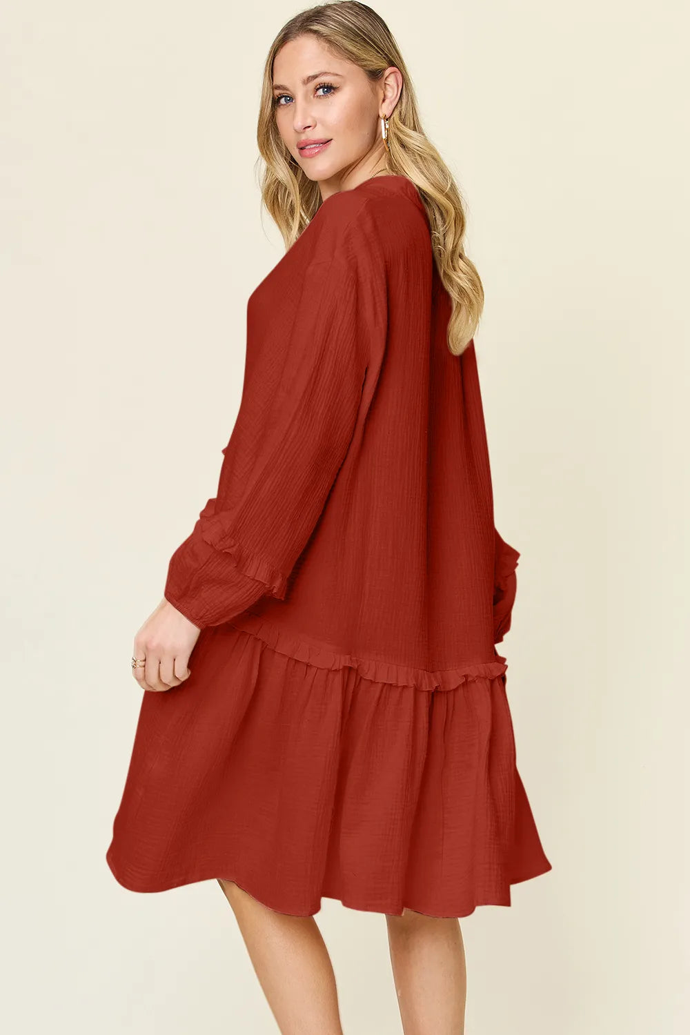 Double Take Full Size Texture Half Button Ruffle Trim Dress NicholesGifts