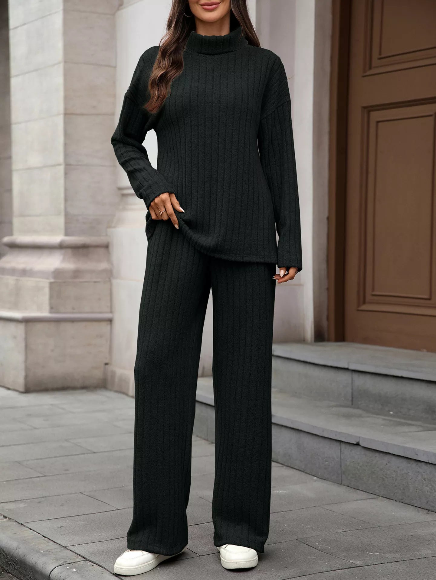 Ribbed Turtleneck Dropped Shoulder Top and Pants Sweater Set Trendsi