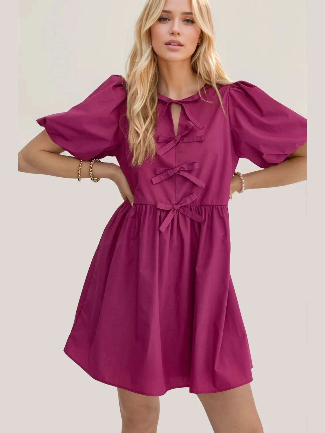 Oh Bow Ruched Puff Sleeve Mini Dress NicholesGifts