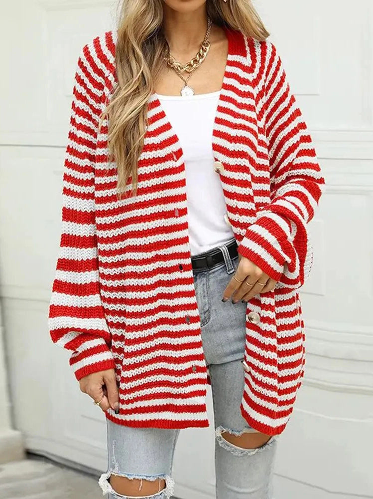 Striped Button Down Long Sleeve Cardigan nicholesgifts