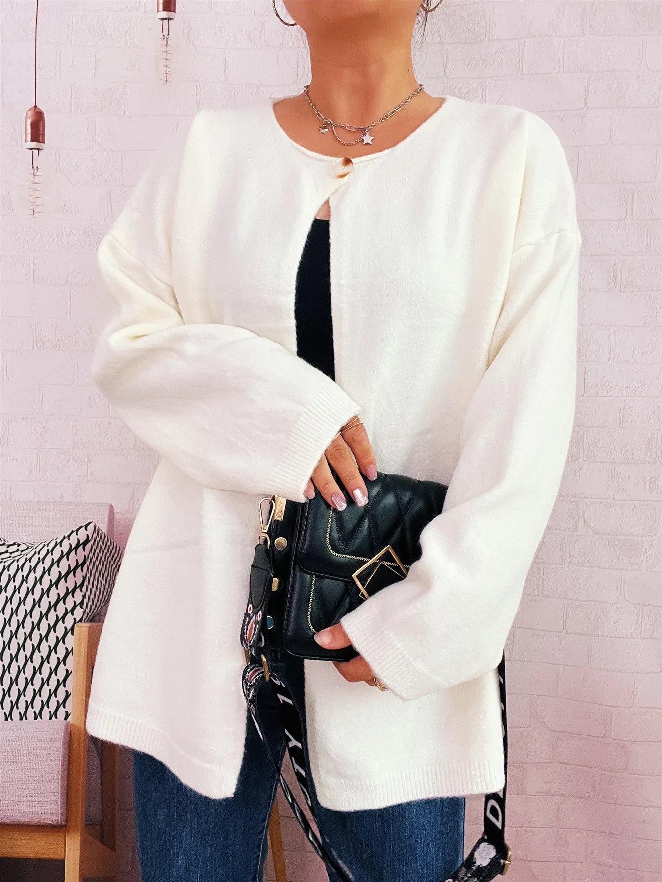 One Button Front Drop Shoulder Cardigan Trendsi