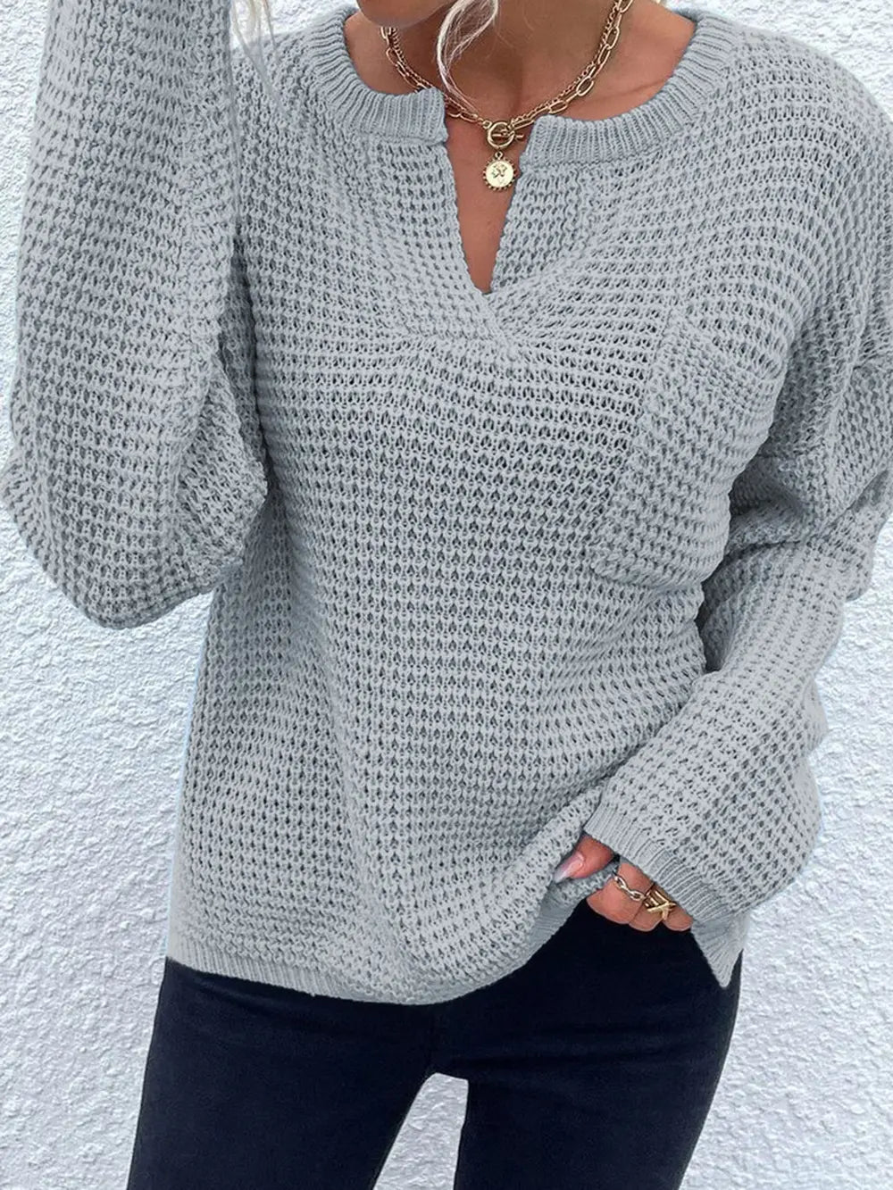 Notched Long Sleeve Sweater nicholesgifts