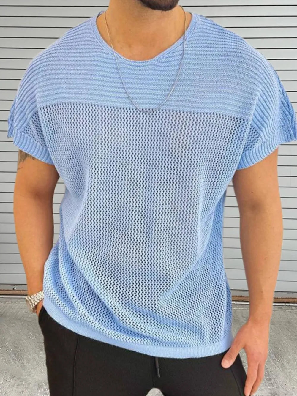 Men's Eyelet Round Neck Short Sleeve T-Shirt Trendsi