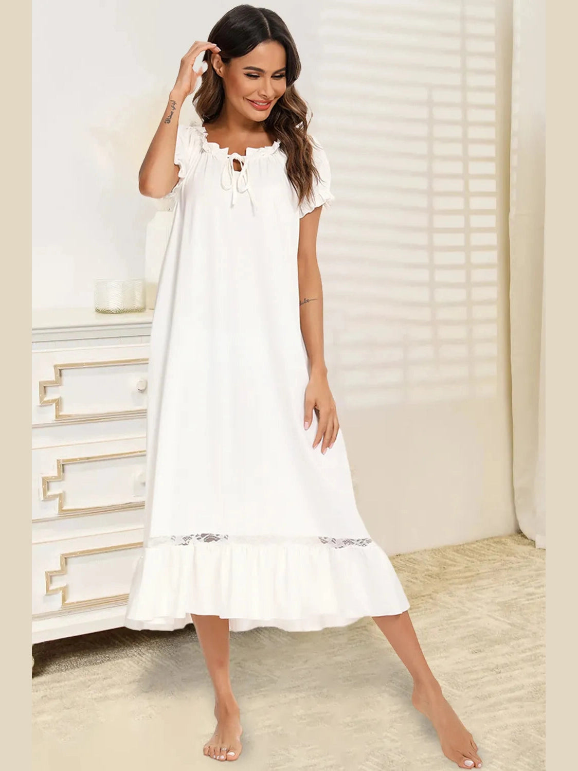 Lace Detail Short Sleeve Lounge Dress nicholesgifts