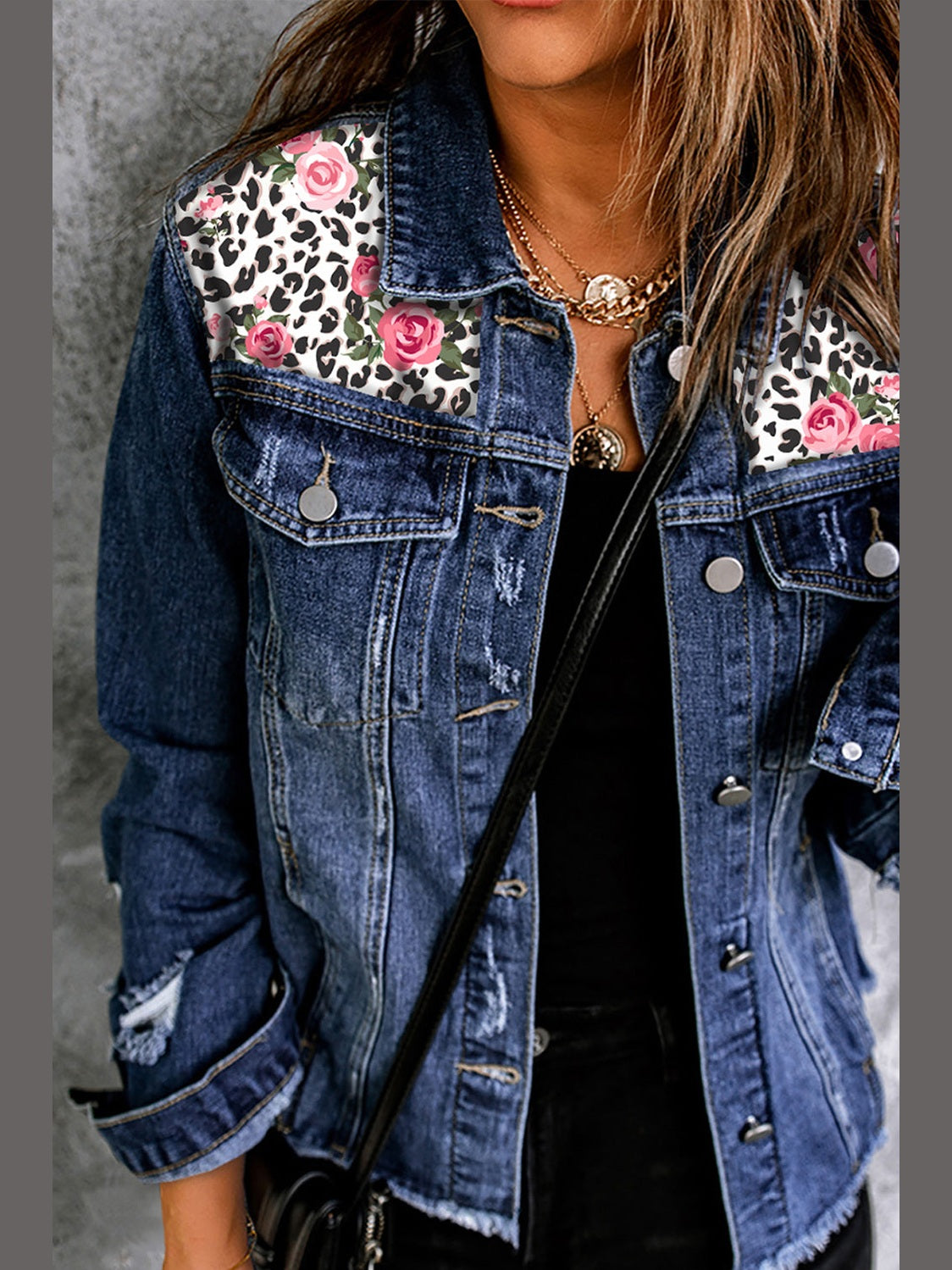 Mixed Print Distressed Button Front Denim Jacket nicholesgifts