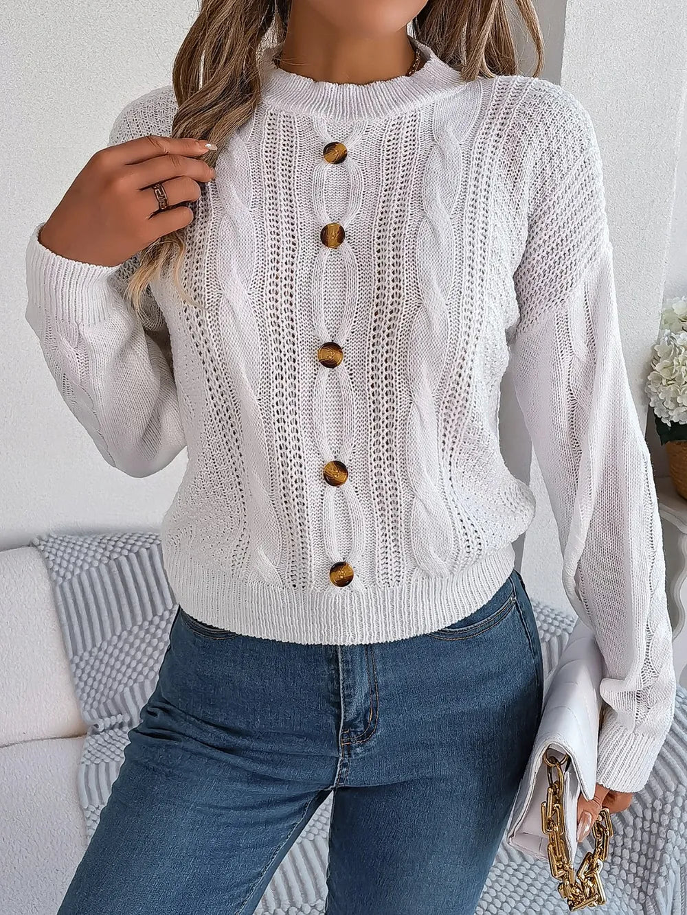 Cable-Knit Buttoned Round Neck Sweater Trendsi