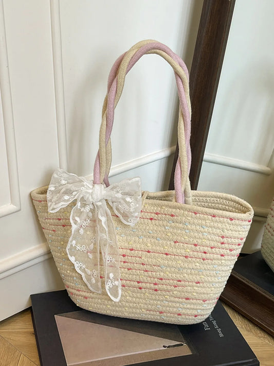 Woven Straw Shoulder Bag with Lace Bow Detail Trendsi