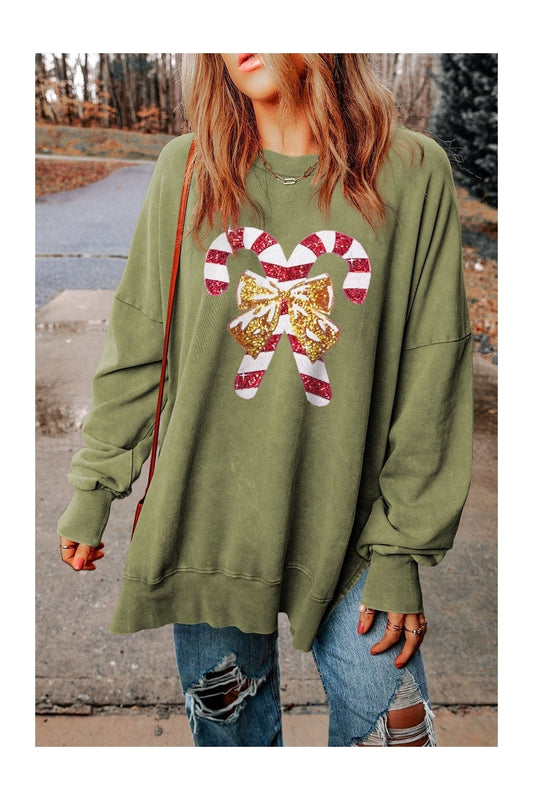 Sequin Candy Cane Round Neck Slit Sweatshirt