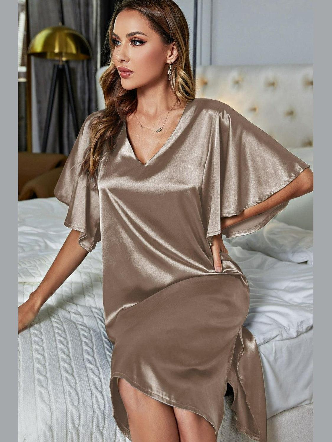 Satin Flutter Sleeve Side Slit V-Neck Night Dress nicholesgifts