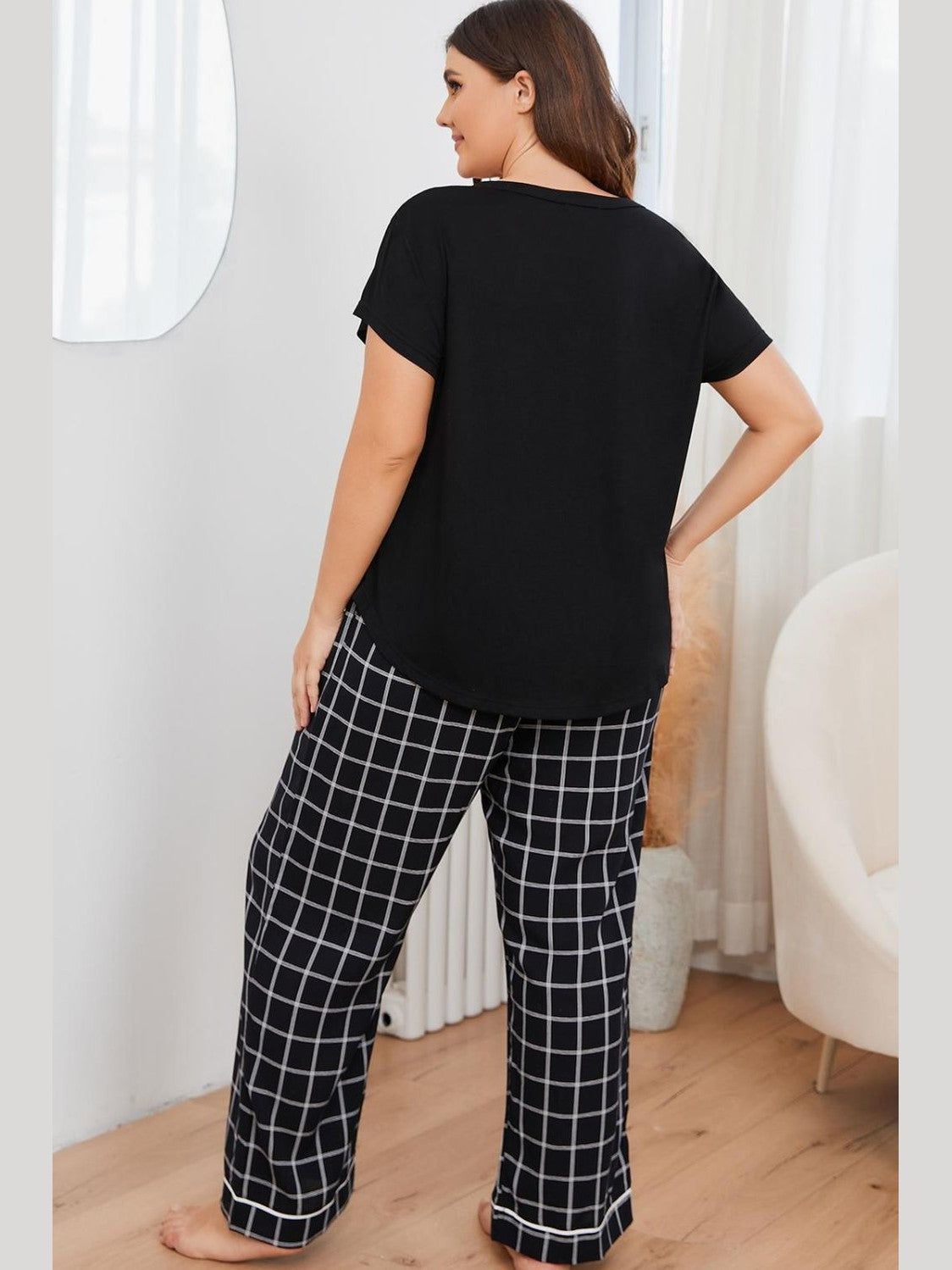 Plus Size V-Neck Top and Plaid Pants Lounge Set nicholesgifts