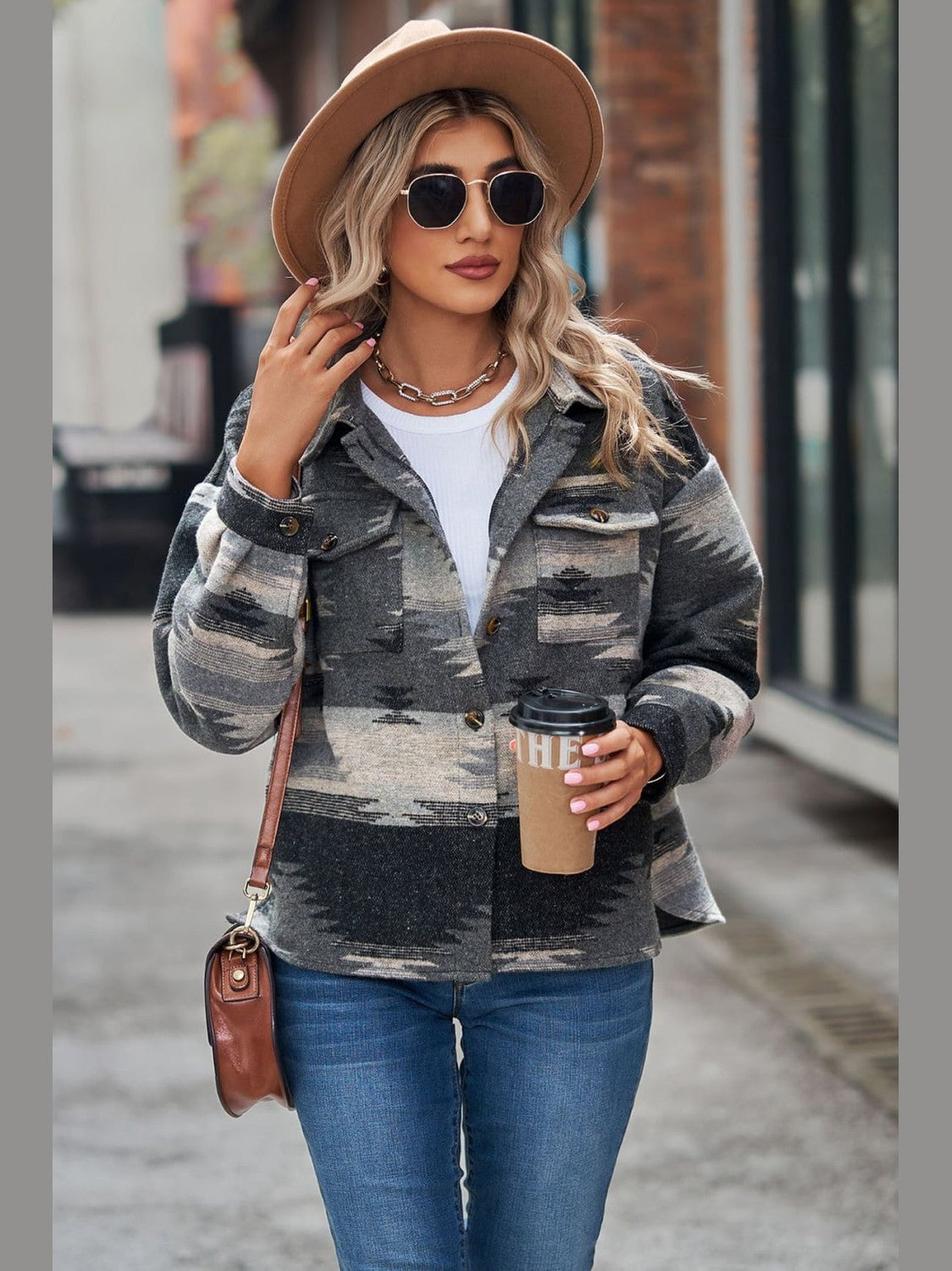 Printed Collared Neck Jacket nicholesgifts
