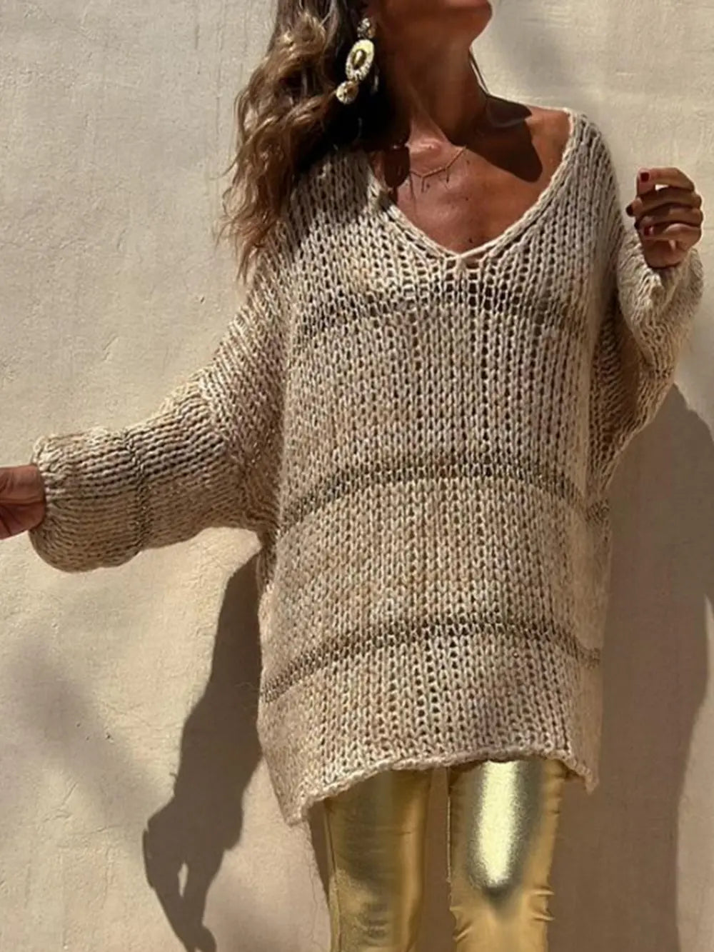 Openwork V-Neck Long Sleeve Sweater nicholesgifts