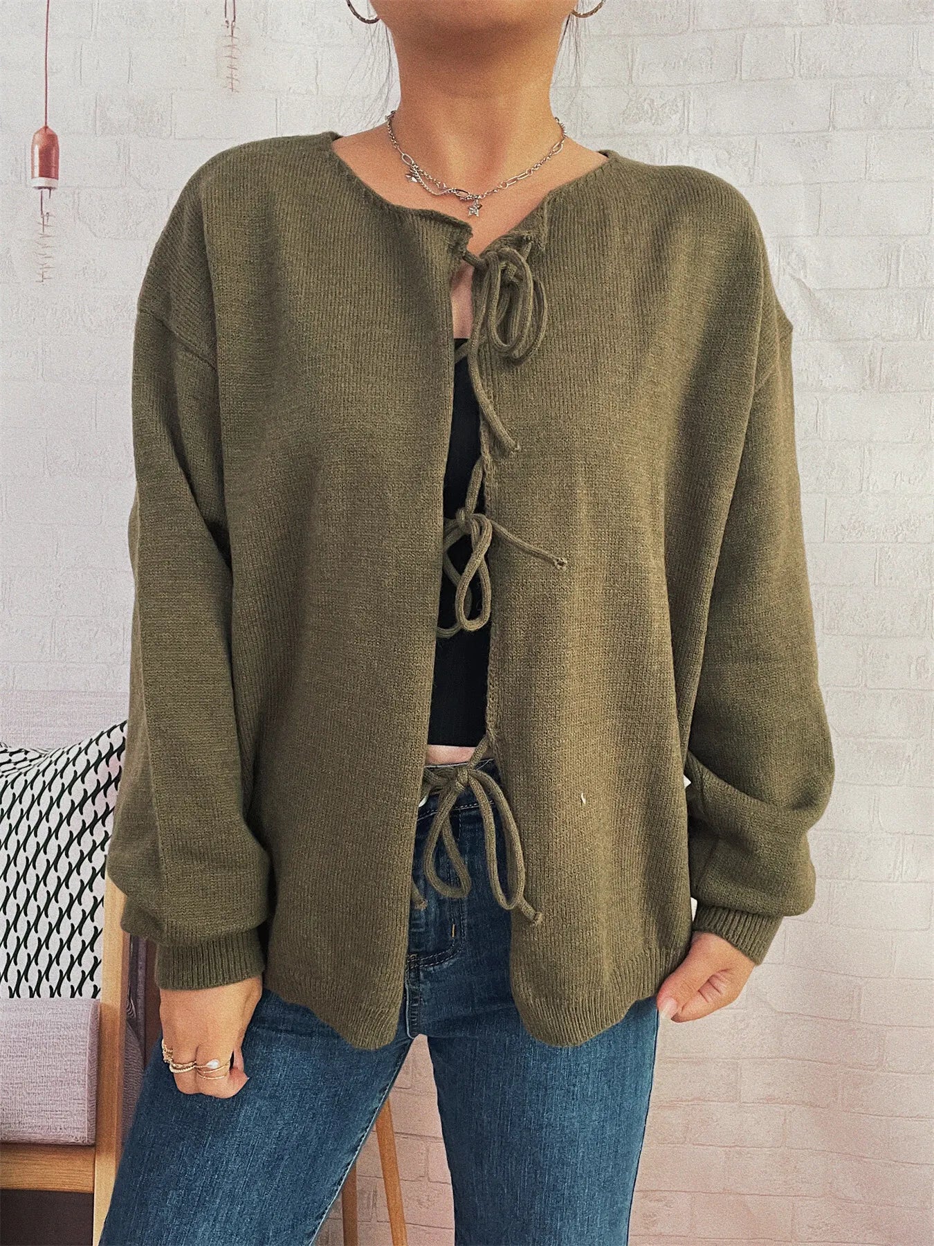 Tie Front Drop Shoulder Cardigan Trendsi