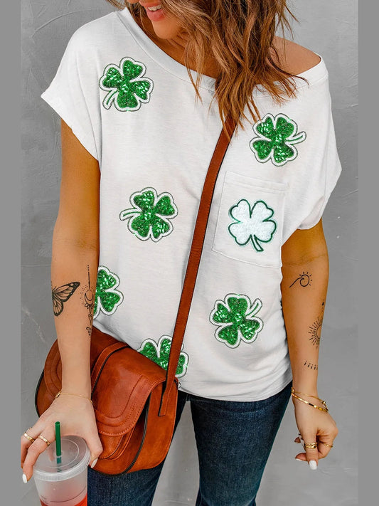 Sequin Lucky Clover Boat Neck T-Shirt Trendsi