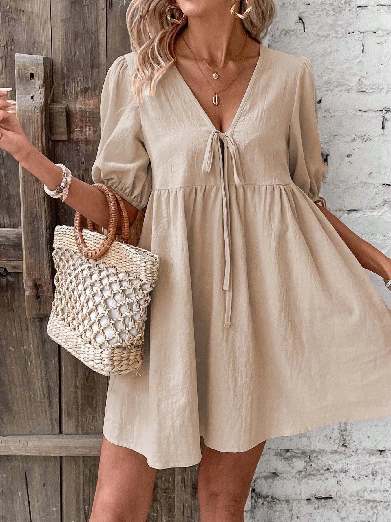 V-Neck Tie-Front Mini Dress with Puff Sleeves NicholesGifts