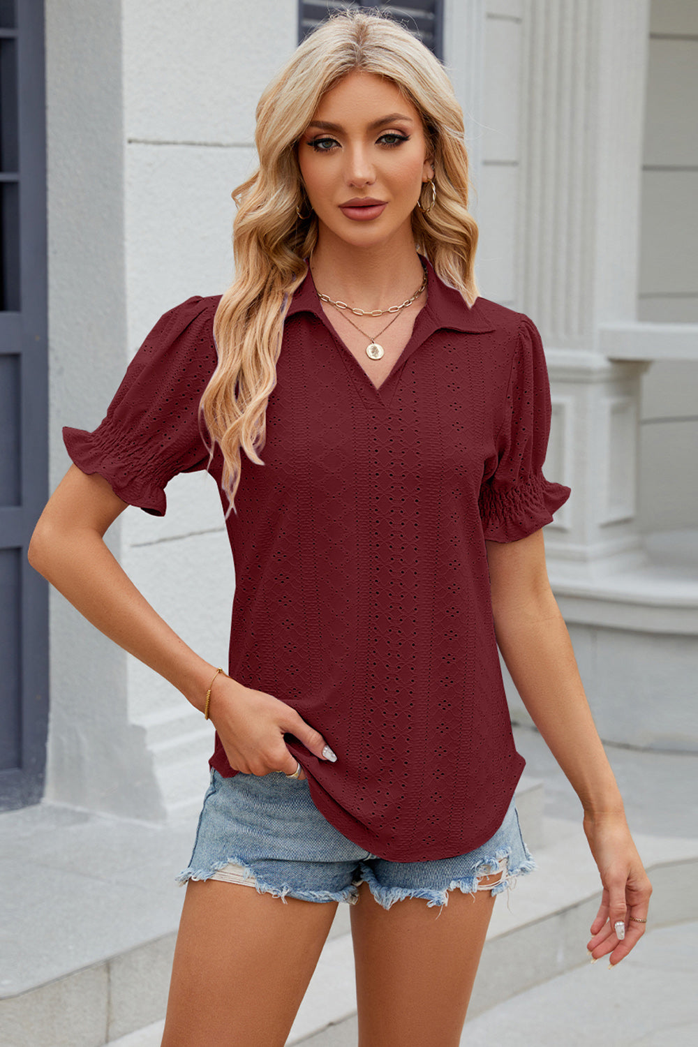 Eyelet Johnny Collar Short Sleeve Blouse nicholesgifts