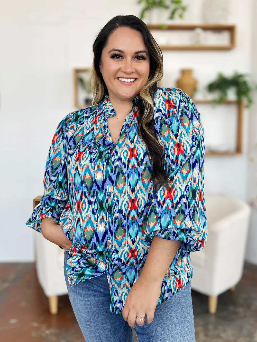 Double Take Full Size Printed Balloon Sleeve Blouse nicholesgifts