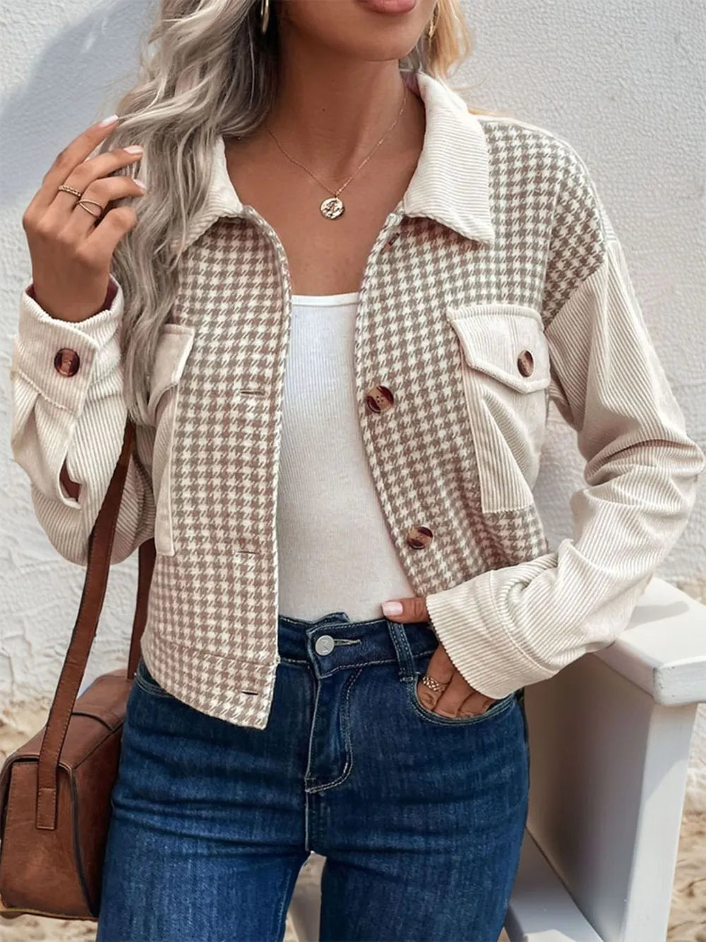 Perfee Pocketed Houndstooth Long Sleeve Jacket nicholesgifts