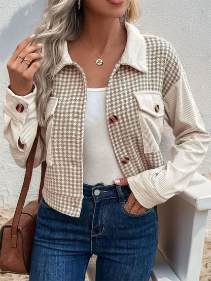 Perfee Pocketed Houndstooth Long Sleeve Jacket nicholesgifts