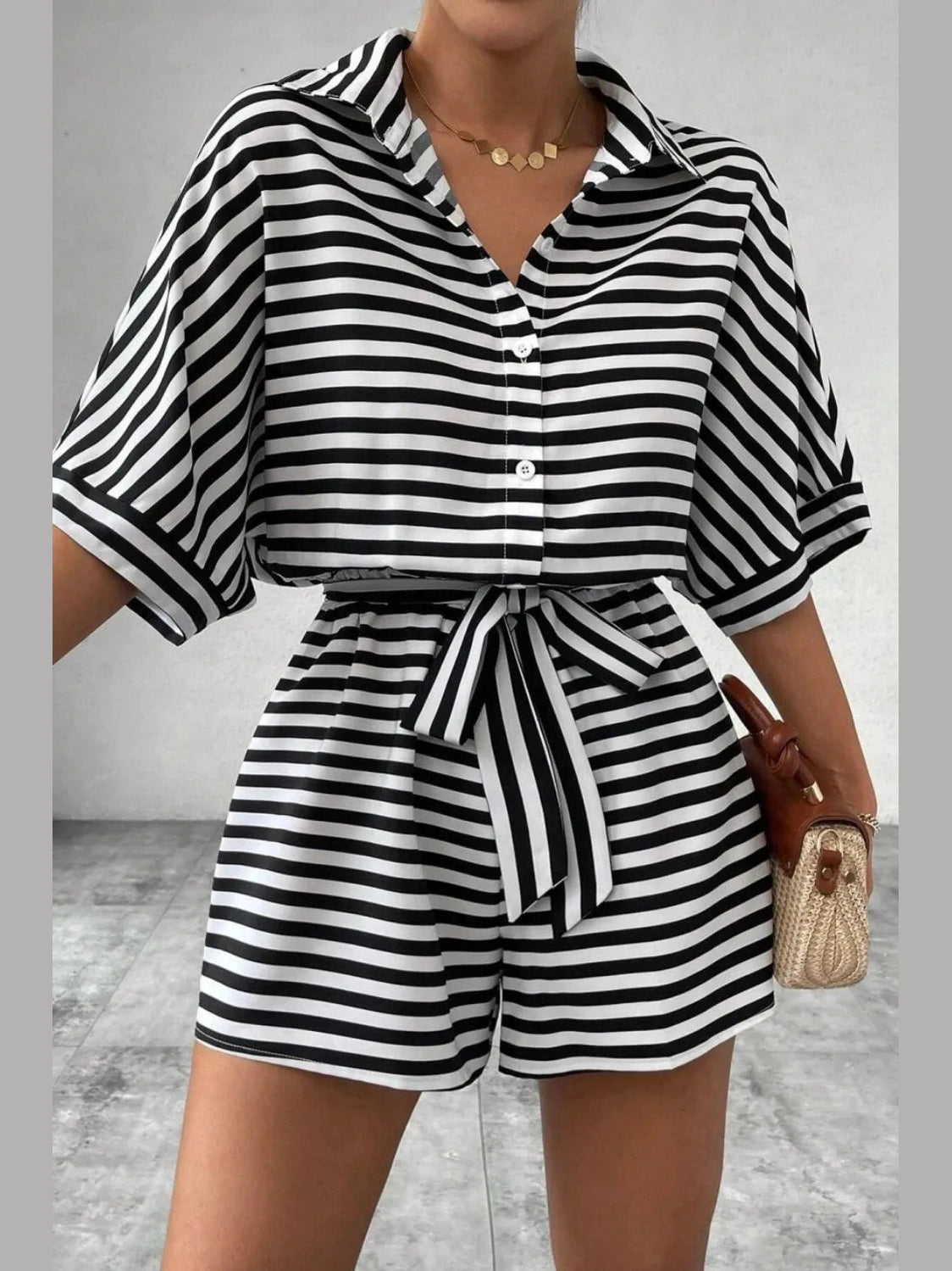 Striped Collared Neck Tie Waist Romper nicholesgifts