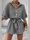 Striped Collared Neck Tie Waist Romper nicholesgifts