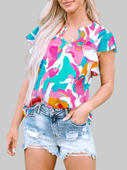 Ruffled Printed Notched Cap Sleeve Blouse nicholesgifts