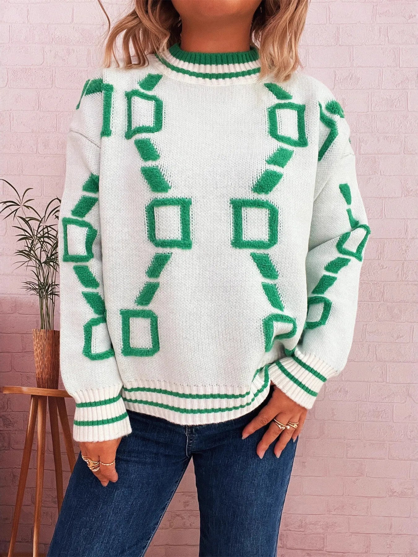 Contrast Round Neck Long Sleeve Sweater