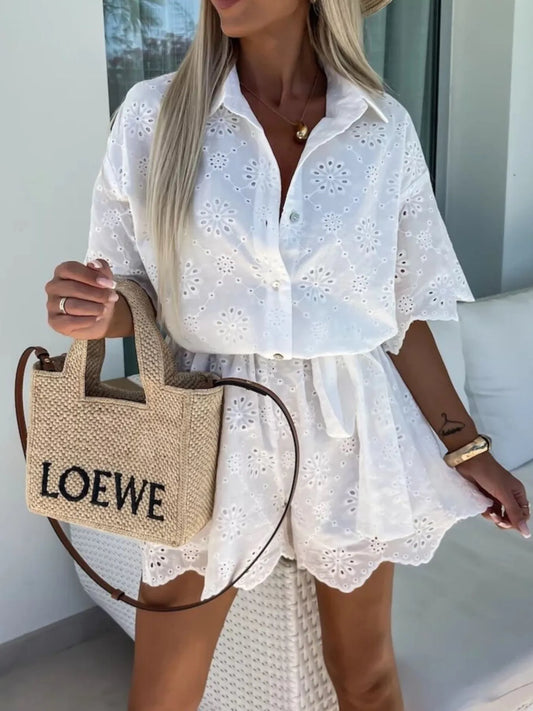 Eyelet Lace Button-Up Romper nicholesgifts