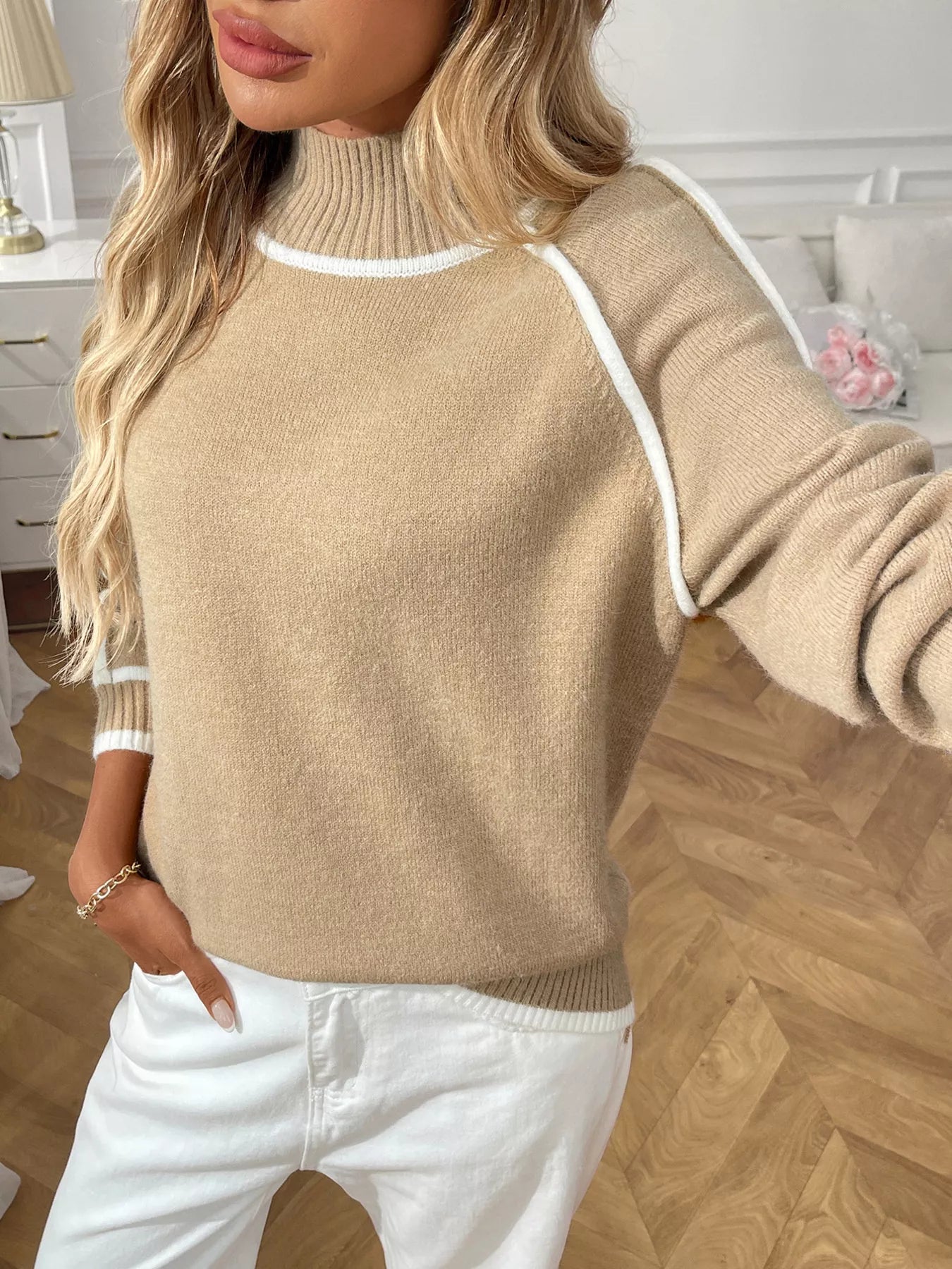 Contrast Trim Turtleneck Long Sleeve Sweater Trendsi