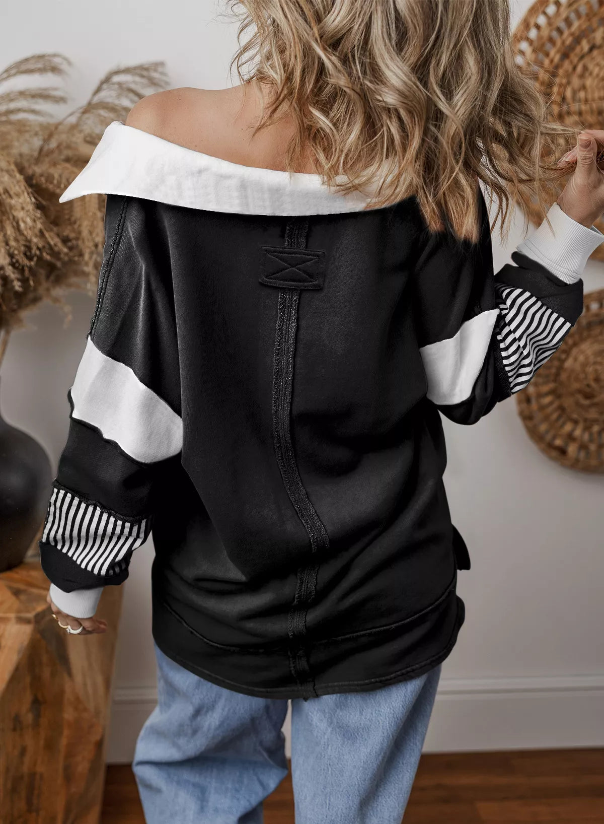 Color Block Striped Johnny Collar Sweatshirt nicholesgifts
