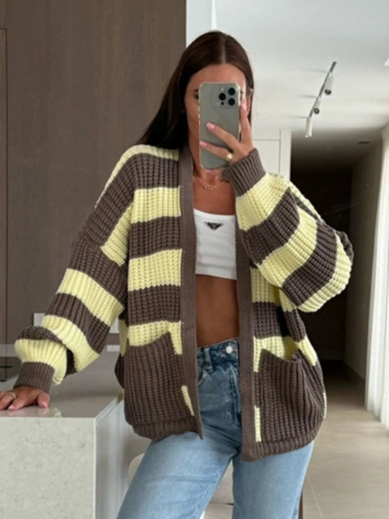 Striped Open Front Long Sleeve Cardigan Trendsi
