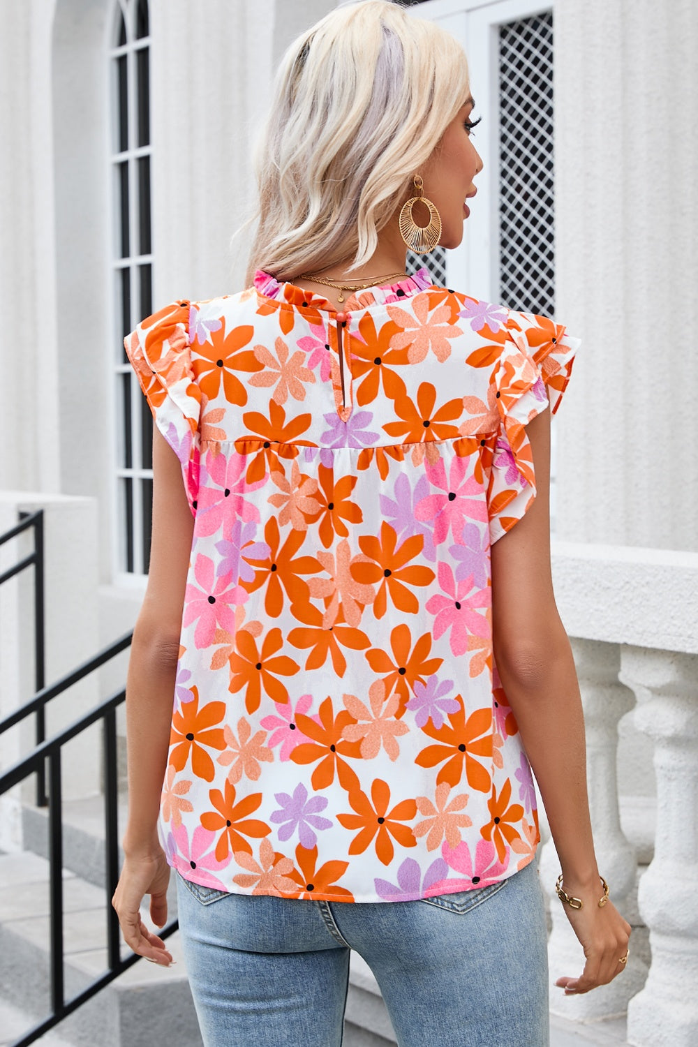 Printed Round Neck Cap Sleeve Blouse nicholesgifts