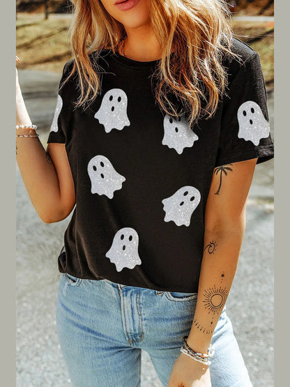 Glitter Ghost Round Neck Short Sleeve T-Shirt nicholesgifts