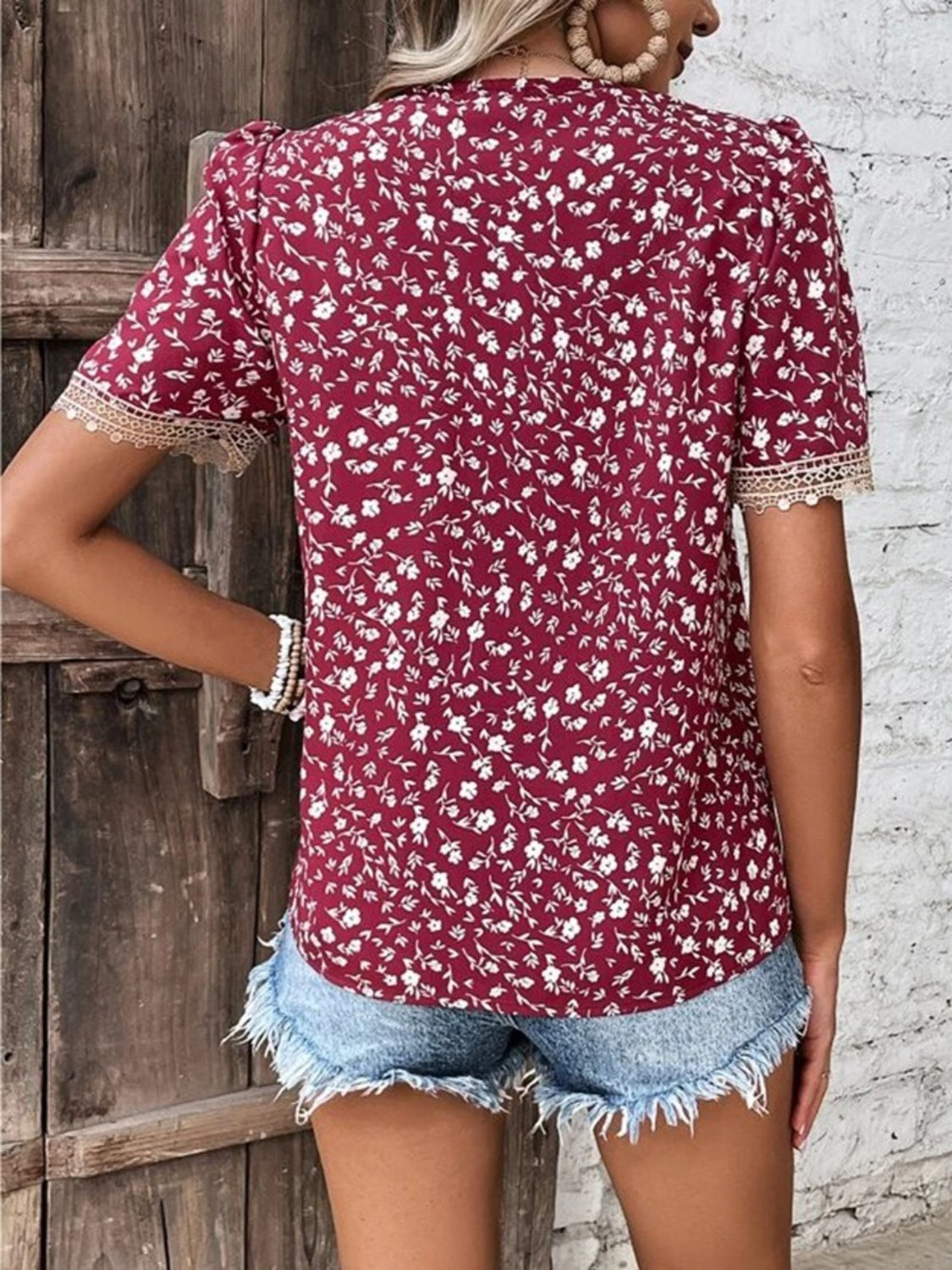 Women Full Size Printed V-Neck Short Sleeve Blouse nicholesgifts