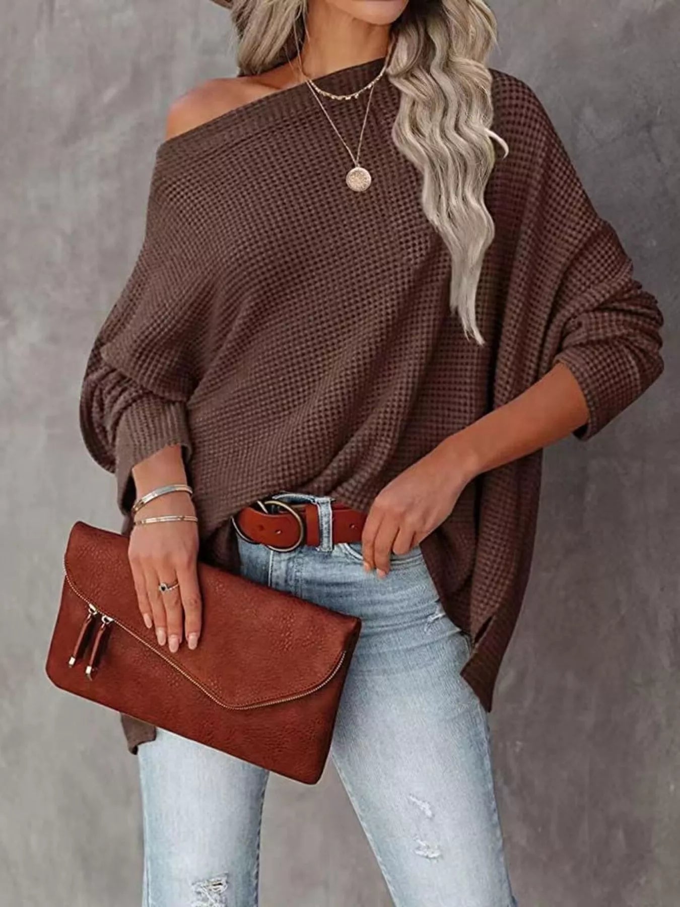 Waffle Knit Boat Neck T-Shirt nicholesgifts