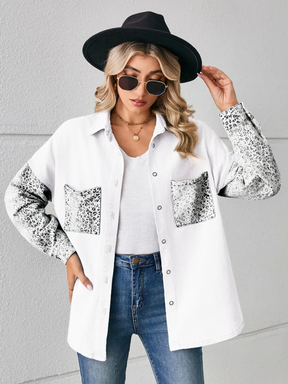 Leopard Button Up Denim Jacket nicholesgifts