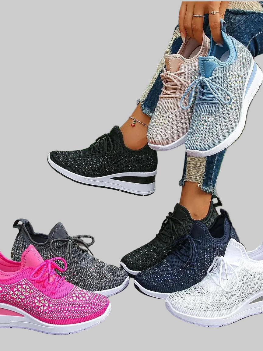 Breathable Mesh Rhinestone Wedge Athletic Sneakers Trendsi