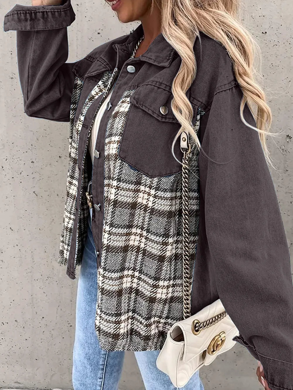 Plaid Button Up Dropped Shoulder Jacket nicholesgifts
