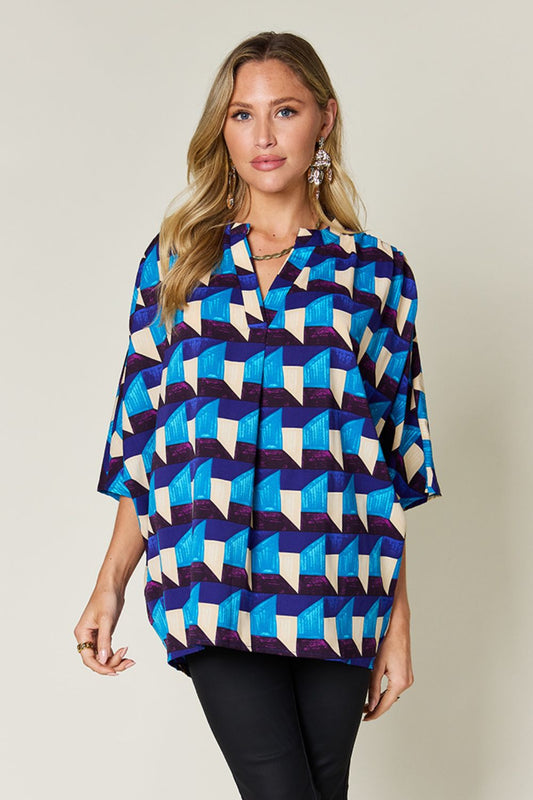 Double Take Full Size Geometric Notched Half Sleeve Blouse nicholesgifts