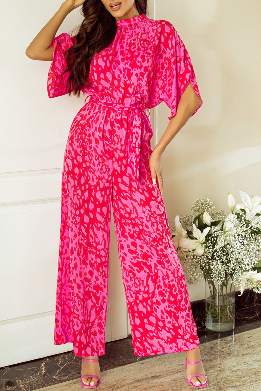 Printed Mock Neck Kimono Sleeve Jumpsuit nicholesgifts