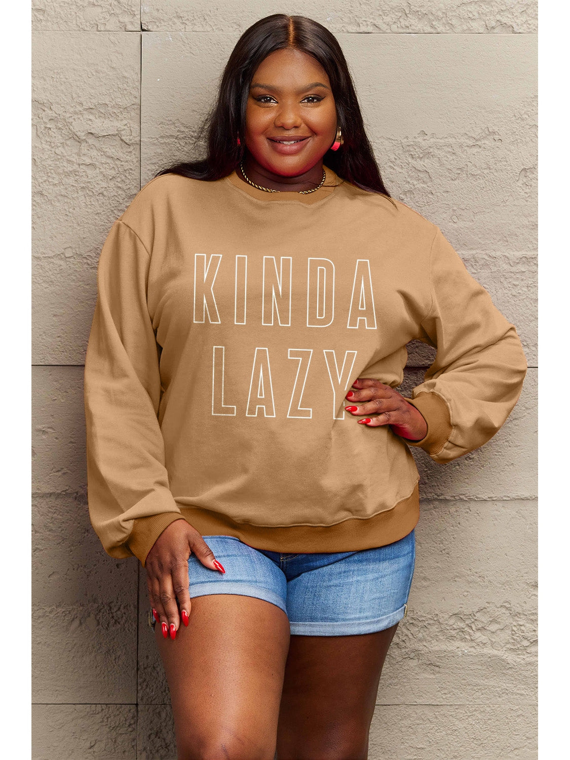 Women Simply Love Full Size Kinda Lazy Round Neck Sweatshirt nicholesgifts