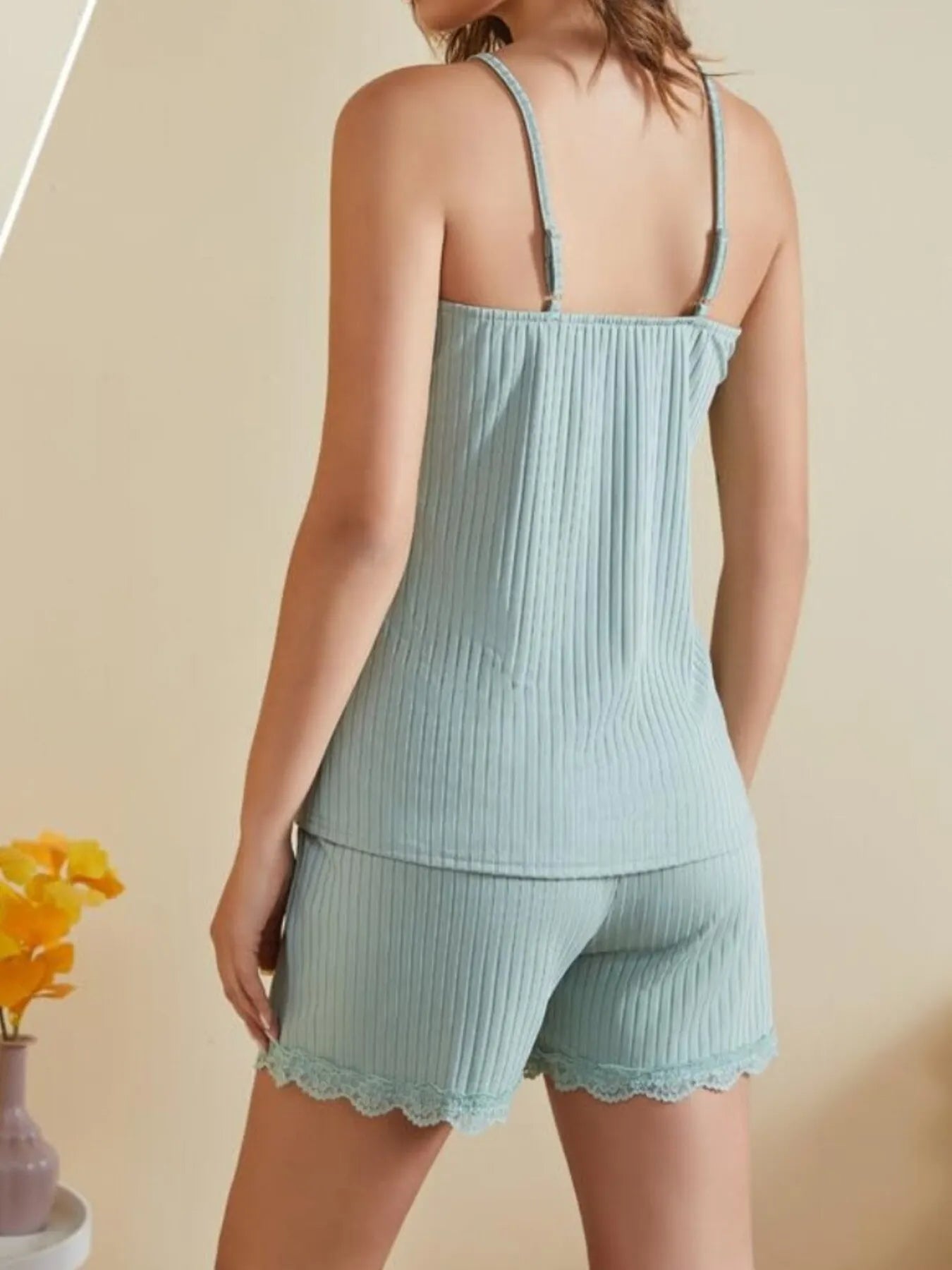 Lace-Trimmed Ribbed Cami and Shorts Lounge Set nicholesgifts